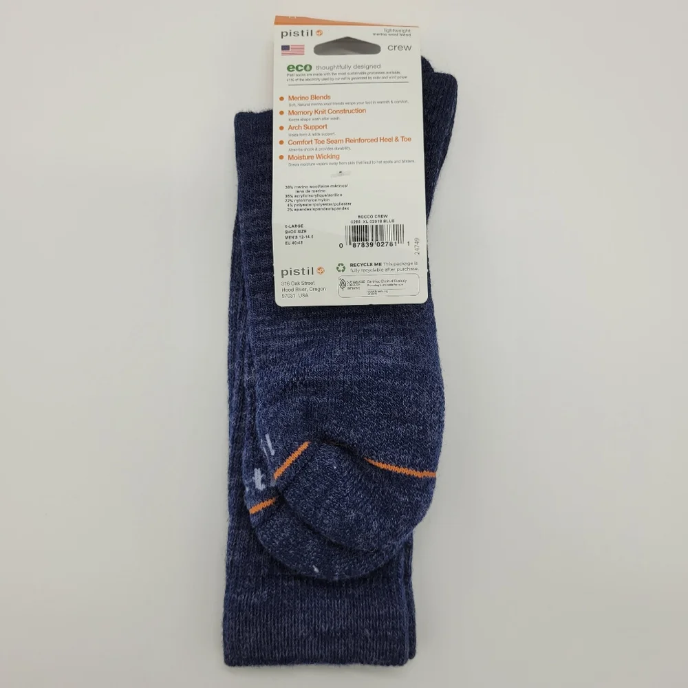 Pistil Socks Rocco Wool Blend Blue Hiking Outdoor Moisture Wicking Size XL NEW